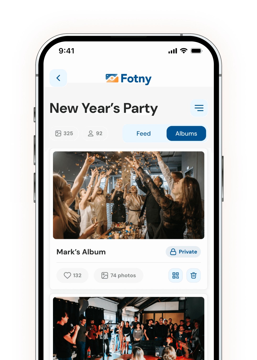 Fotny mobile interface preview for private events
