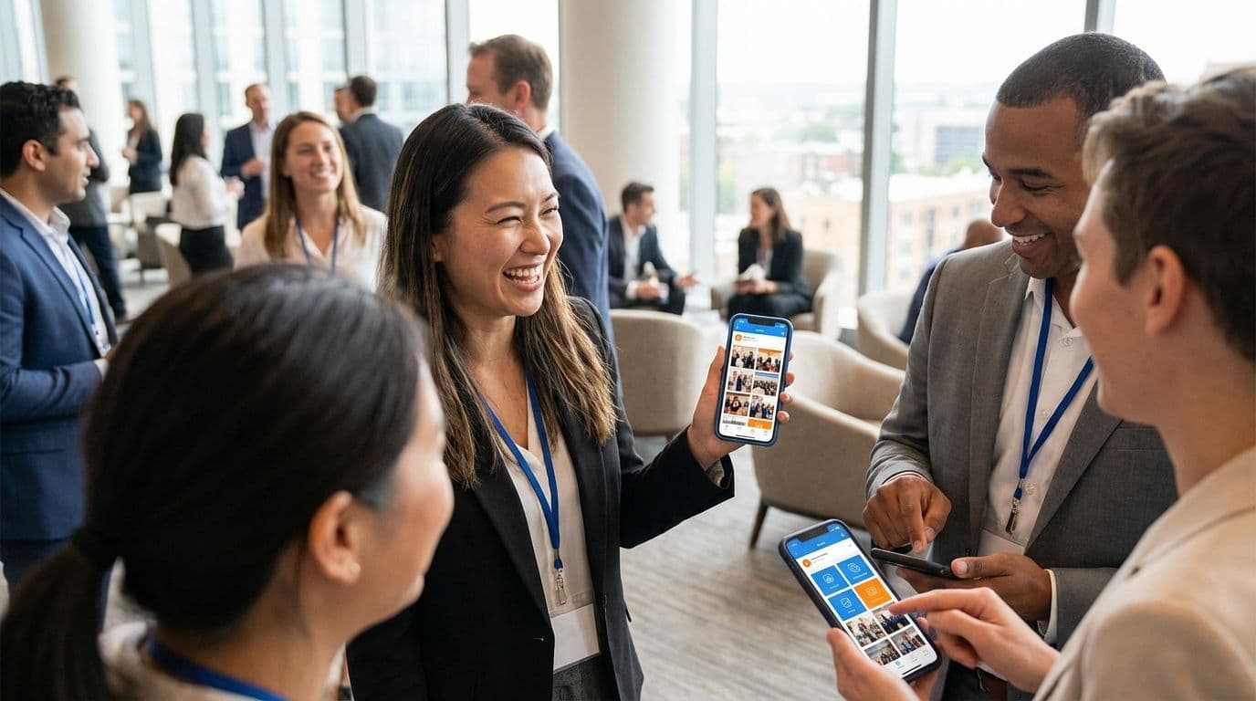A diverse group of professionals at a networking event, smiling and interacting while showing phone screens. The atmosphere is lively and collaborative.