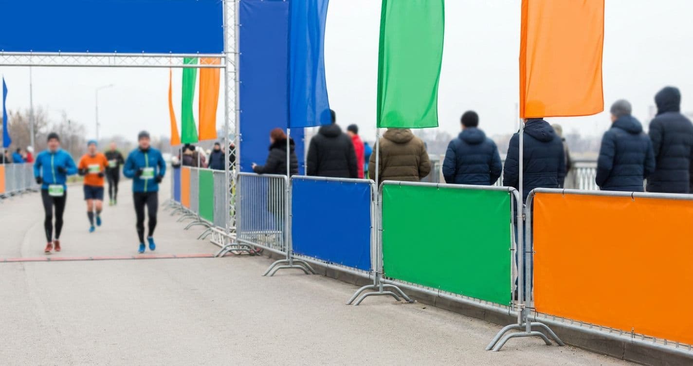 Blank sponsor banners and branded flags lining the barriers of a race finish area on a sunny day
