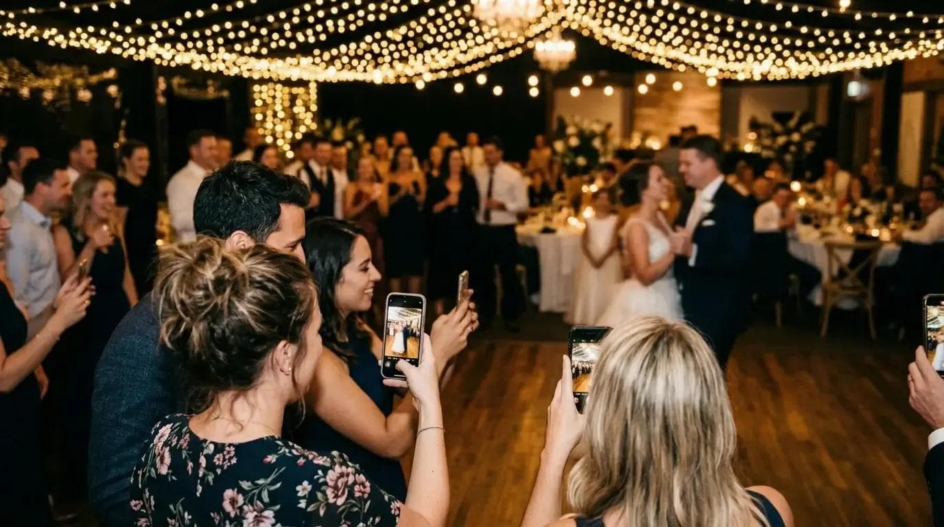 Guests capturing candid wedding moments with phones under warm lighting