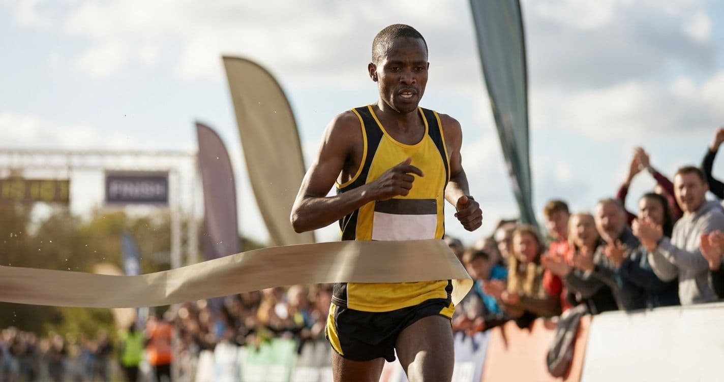 Marathon runner crossing the finish line, captured mid-stride with a blurred crowd and finish banners in the background