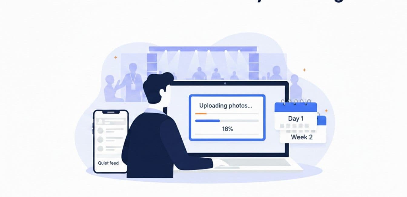 Illustration showing conference photo delivery delays after an event with stuck uploads and low social sharing
