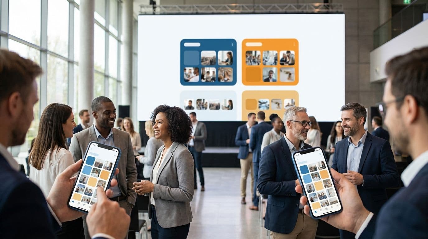 People networking at a professional event in a conference hall, engaging in conversations. Two phones in the foreground display an app with a grid of photos.