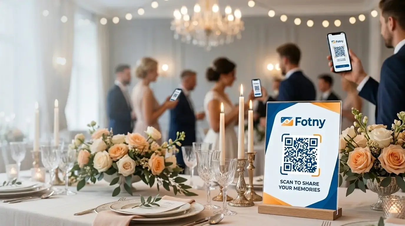 Fotny branded wedding photo sharing sign with QR code at an elegant reception venue