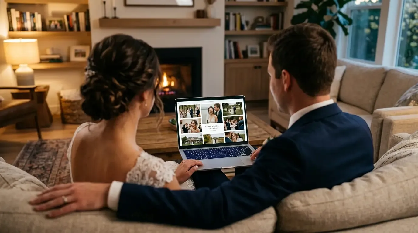 Couple viewing wedding photos on laptop from behind
