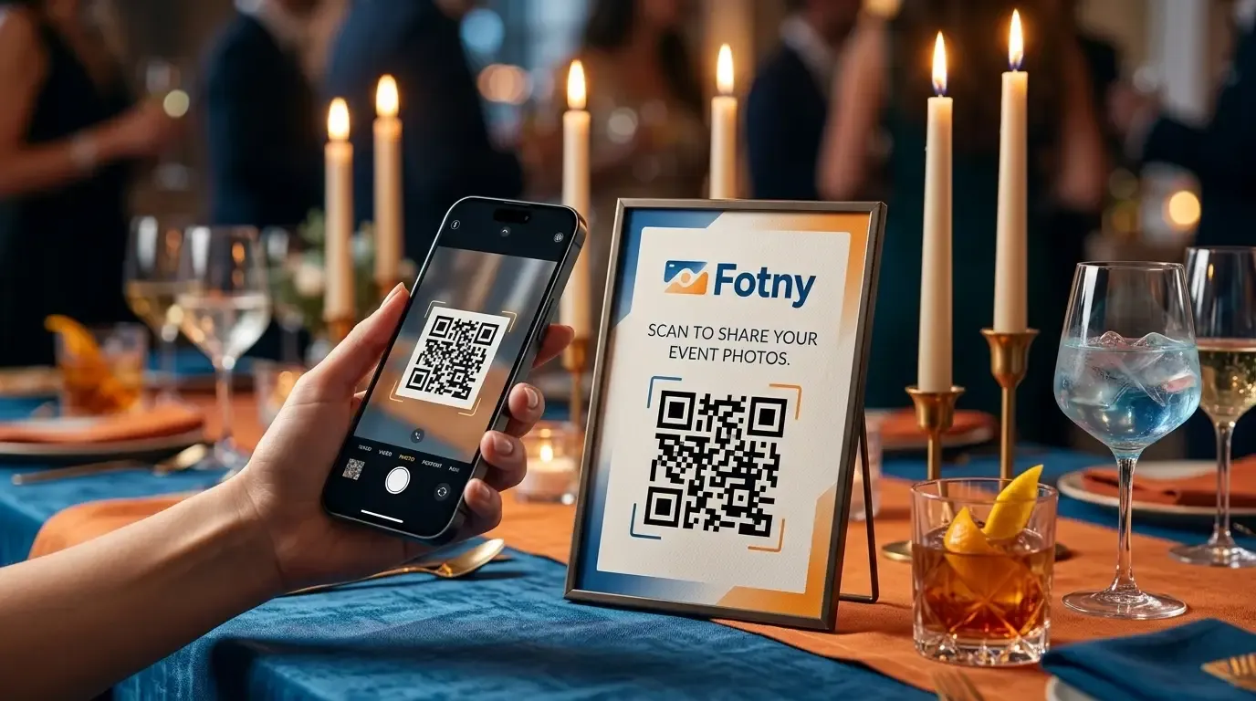 Party table setup with a QR code sign for guests to scan and share photos