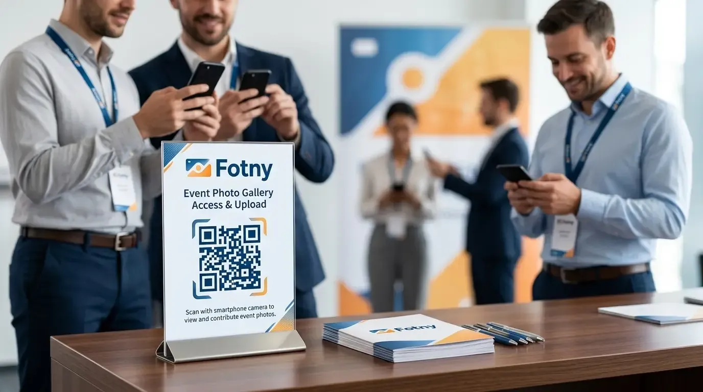 Team event setup with a branded QR code sign for accessing and sharing photos in a custom gallery